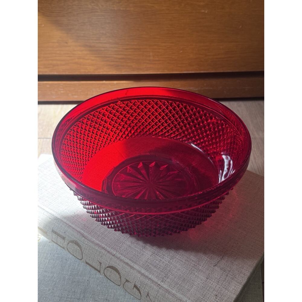 Vintage Estate European Ruby Red Art Glass Bowl Covered Dish Diamond Point Set - Picture 5 of 16